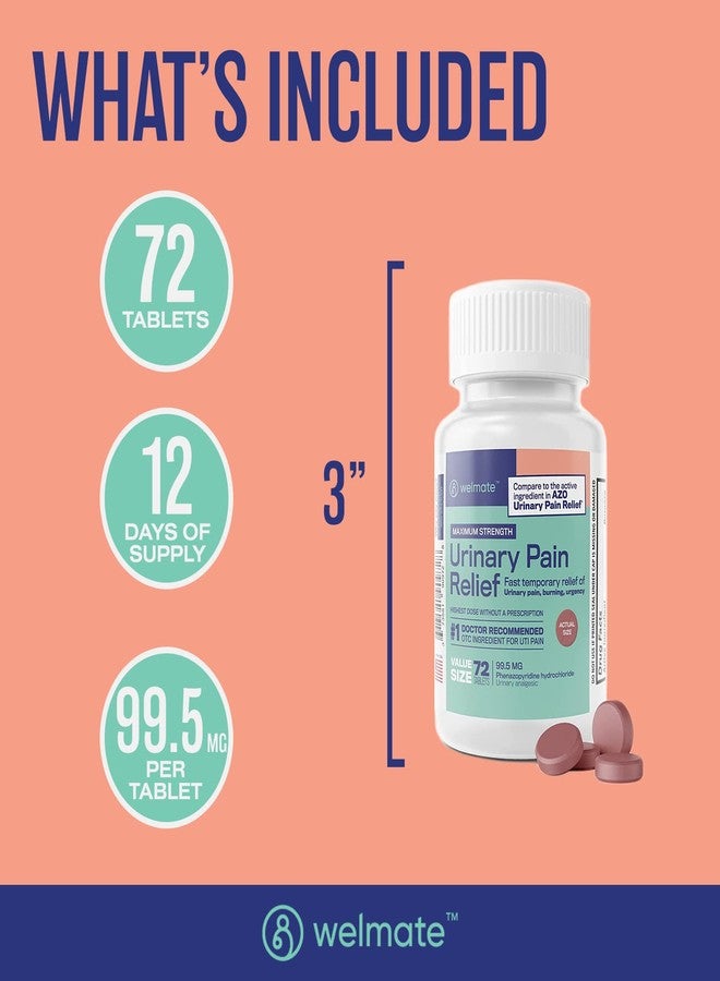 WELMATE - Urinary Pain Relief (72 Tablets) - Phenazopyridine Hydrochloride 99.5mg - Urinary Pain, Urgency, & Discomfort - Maximum Strength - Over-The-Counter Medication - Image 5